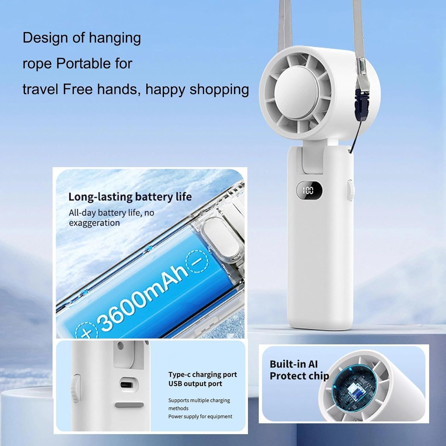 Portable Handheld Turbo Fan with Cooling Tech, Digital Display, 100-Speed Control, Rechargeable 4-in-1 Personal Fan for Travel, Outdoor, Office (White)